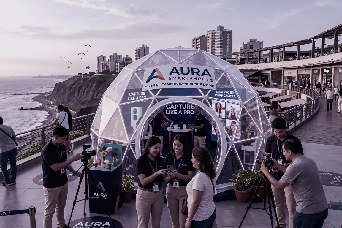Activación de marca con dome interactivo y equipo de SACCRA PERÚ grabando en el malecón de Lima