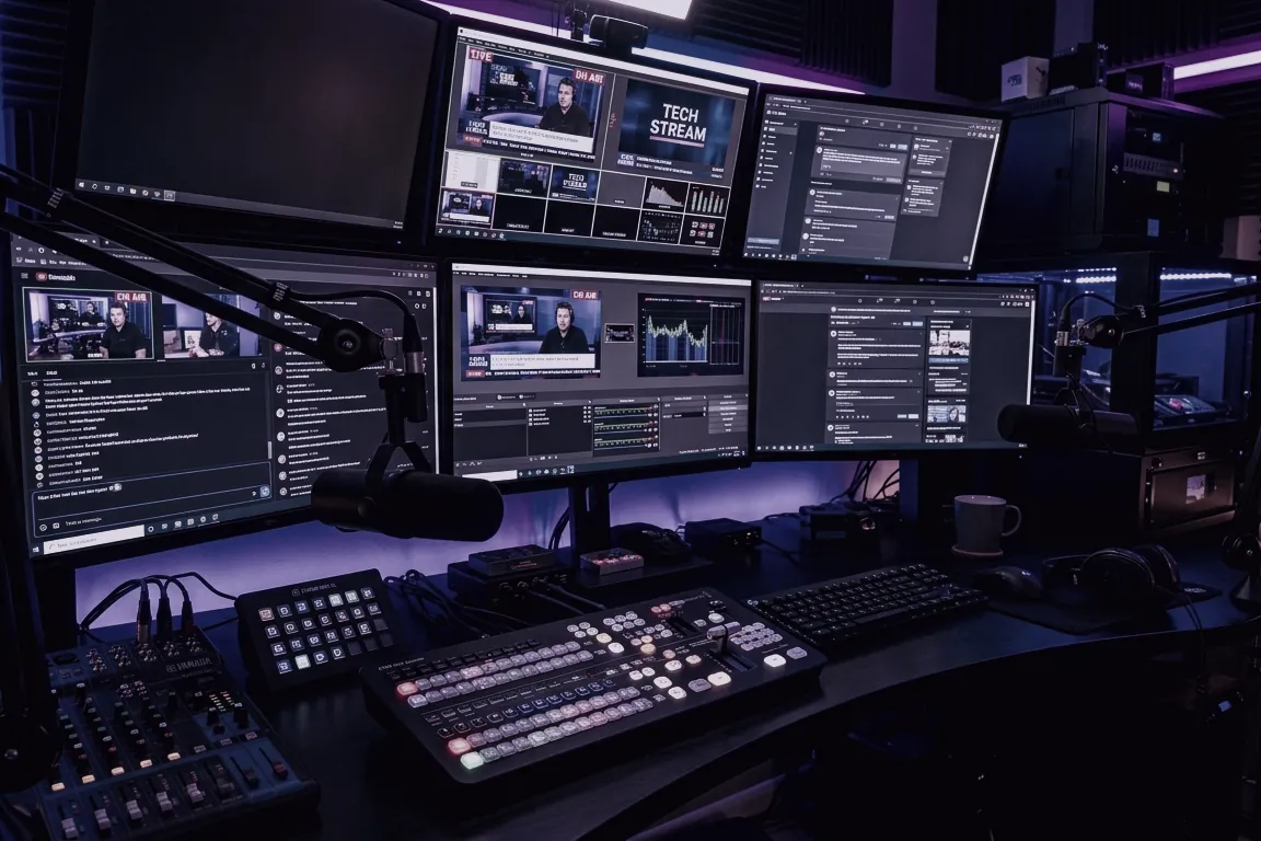 Cabina de streaming profesional con consola de switcher y monitores