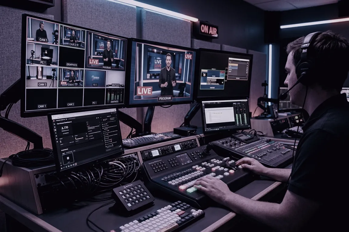 Sala de control multicámara transmitiendo un programa en vivo